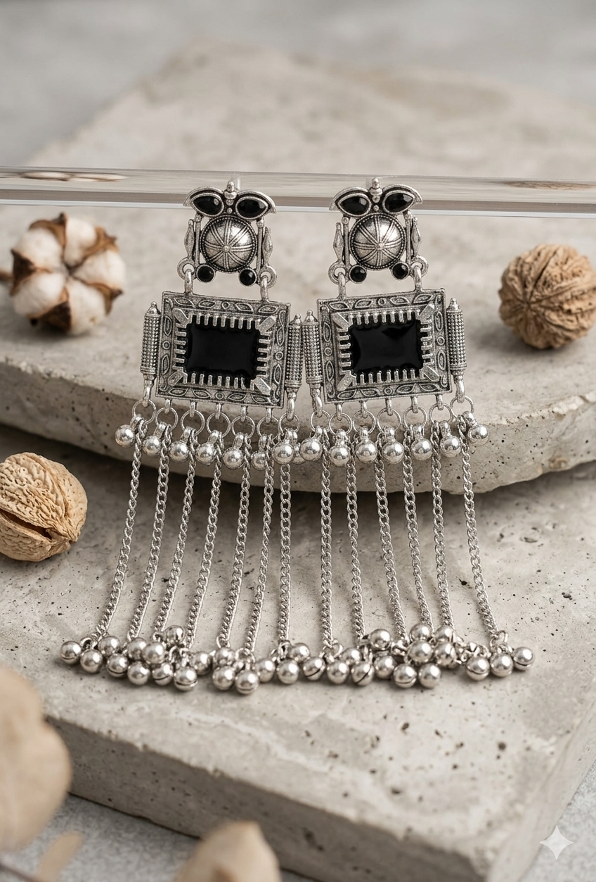 Boho Tribal Oxidised Silver Tassel Earrings