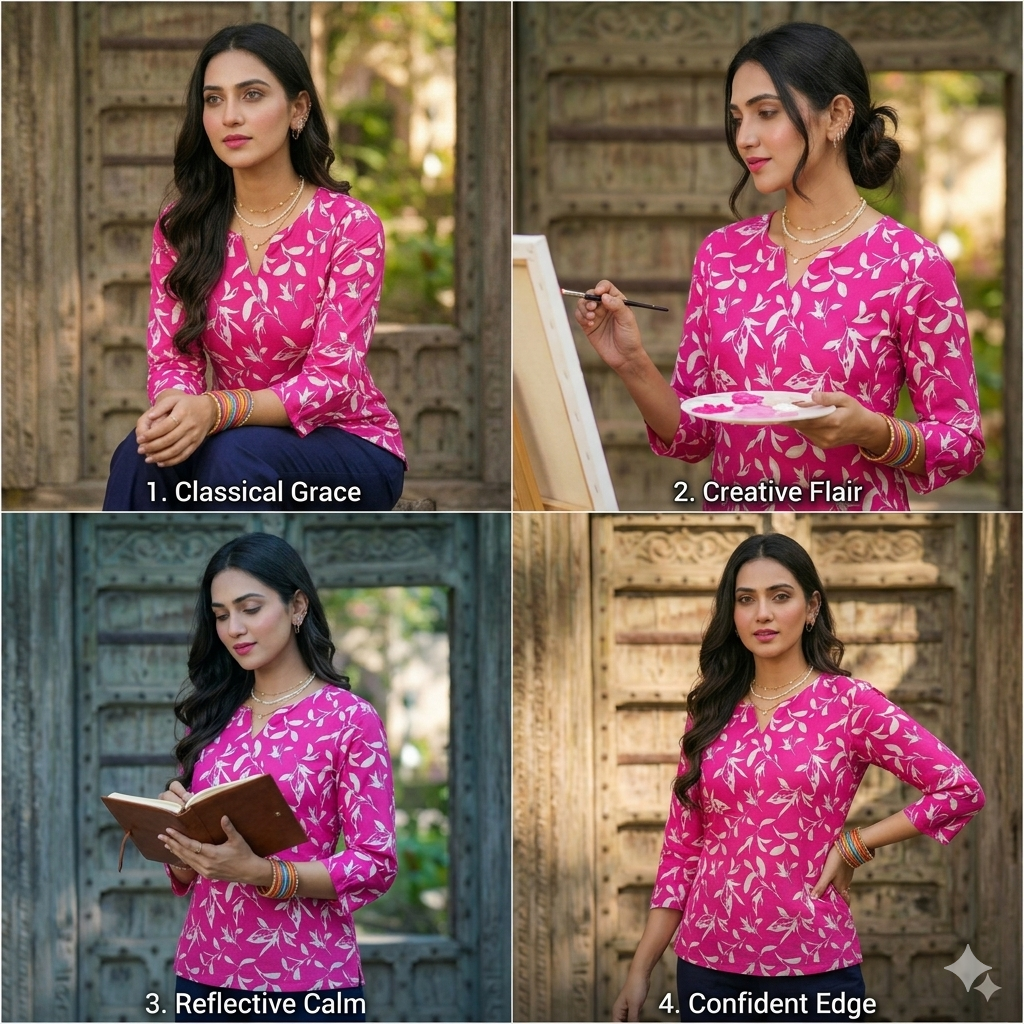 Women's Pink Floral Print V-Neck Casual Top