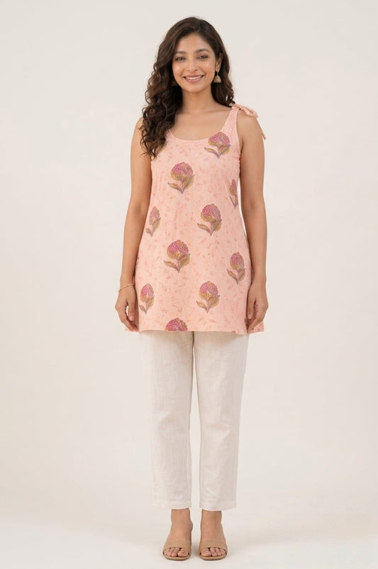 Women’s Peach Floral Printed Tie-Shoulder Top
