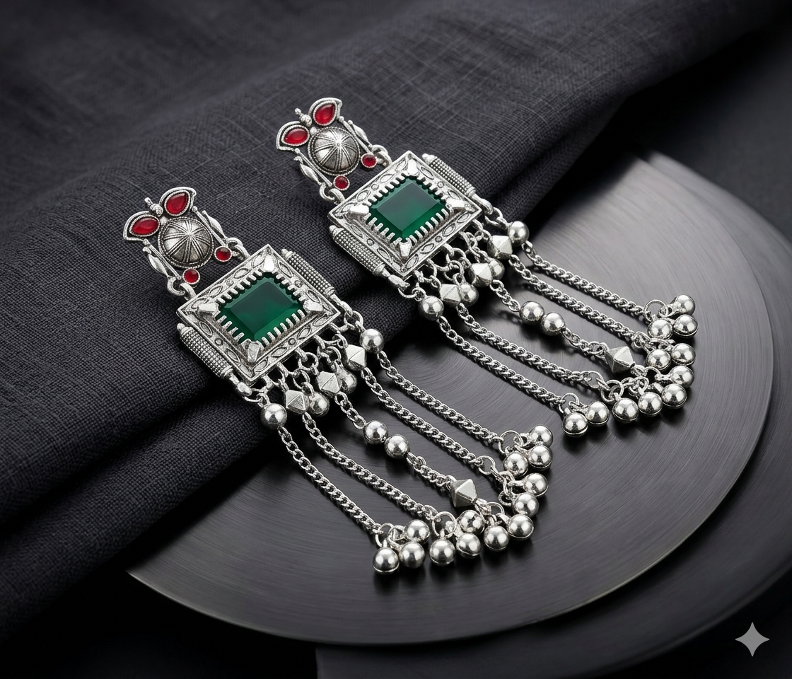 Royal multicolour Stone Oxidised Long Dangler Earrings