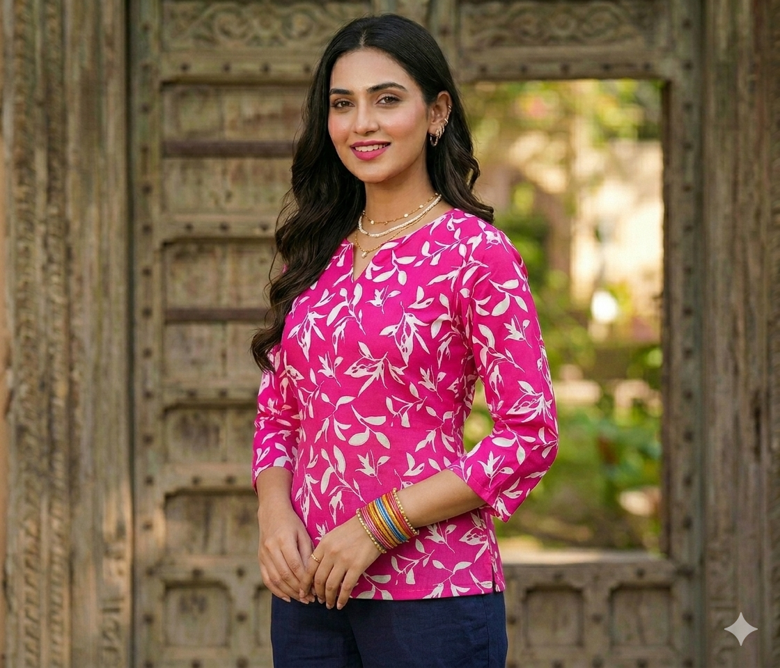 Women's Pink Floral Printed V-Neck Casual Top | 3/4 Sleeve Regular Fit