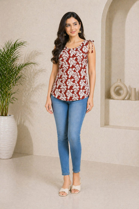 Floral Print Sleeveless Tie-Up Women's Top – Maroon