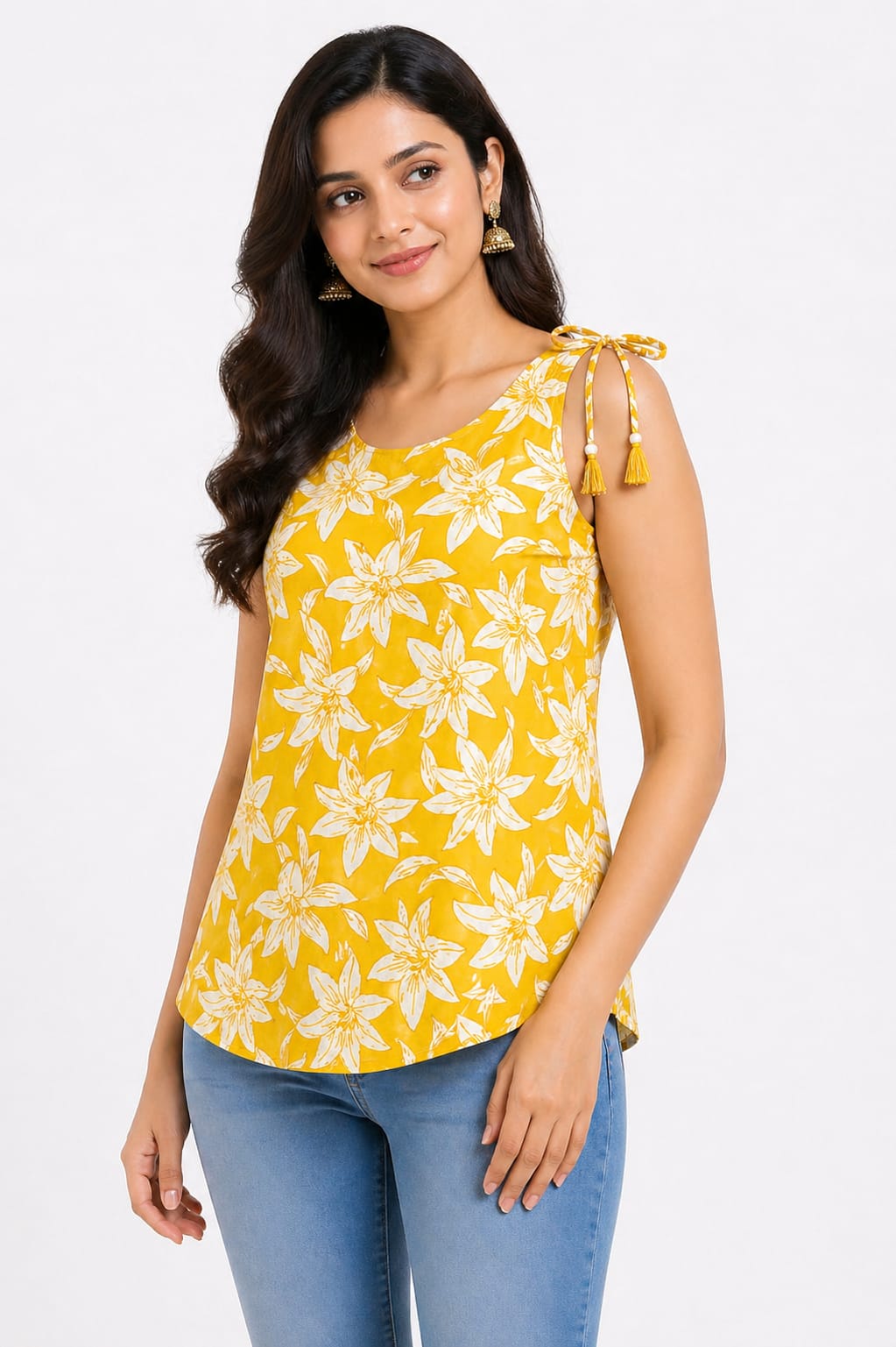 Sunny Bloom Floral Tie-Up Sleeveless Top for Women