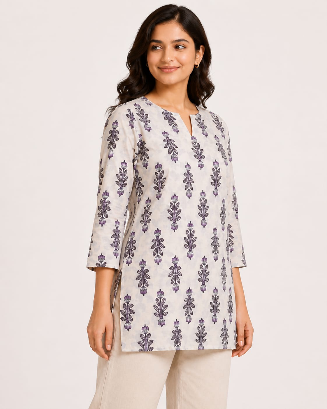 Women’s Ivory Floral Printed Cotton Straight Top