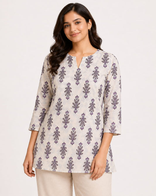 Women’s Ivory Floral Printed Cotton Straight Top