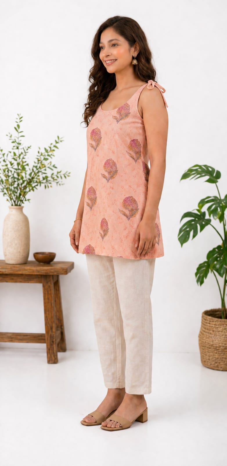 Women’s Peach Floral Printed Tie-Shoulder Top