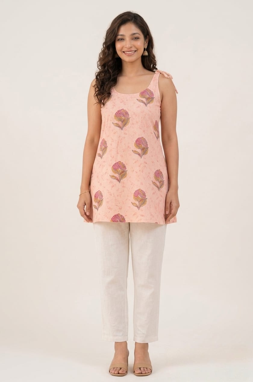 Women’s Peach Floral Printed Tie-Shoulder Top