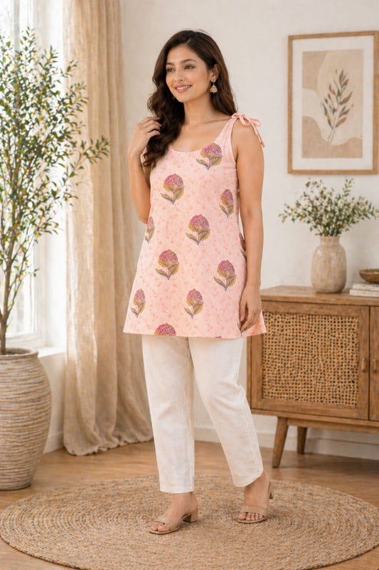 Women’s Peach Floral Printed Tie-Shoulder Top